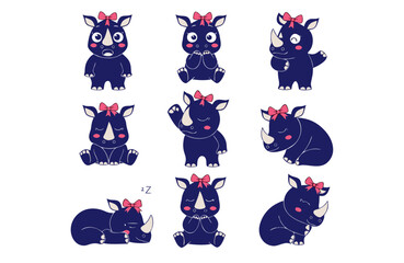 Cute baby rhino character set, 9 cartoon rhinoceros mascot poses with pink bows, dark blue animal stickers for nursery decor and children stationery © sidra