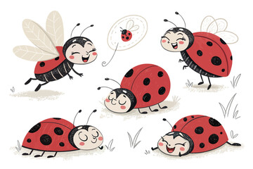 Cute ladybug cartoon characters set, hand drawn ladybird beetle illustrations with red wings and black spots, cheerful insect vector collection © sidra