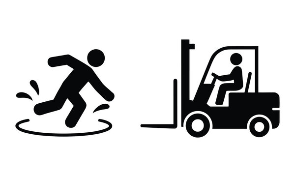 Person slipping and forklift warning sign icon