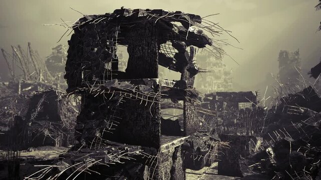 Fragmented tower surrounded by floating debris, shattered window frames, twisting vines, thick smog and grainy monochrome light, cinematic tension.