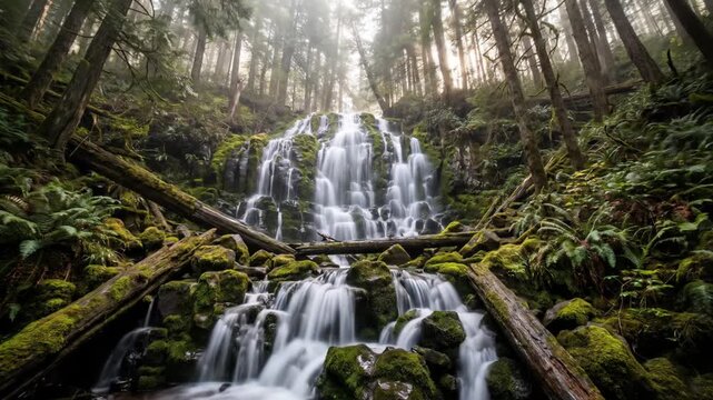A beautiful natural cascade of water flows over mossy green rocks in a tropical forest landscape during a wet summer