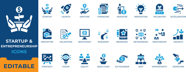 Fototapeta premium Startup and entrepreneurship icon set. Business launch, seed funding, venture capital, investor, MVP, business strategy, innovation and networking vector symbols.
