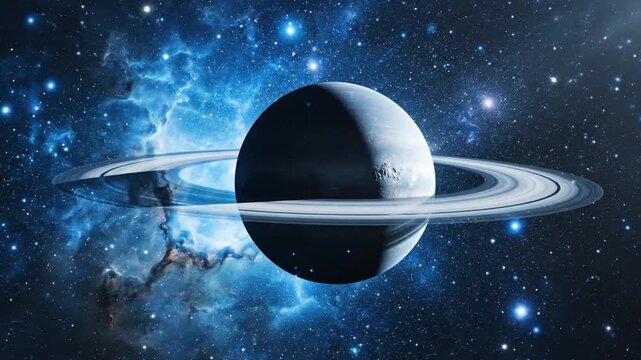Futuristic Space Scene with a Ringed Planet Amidst Bright Galaxies and Cosmic Dust