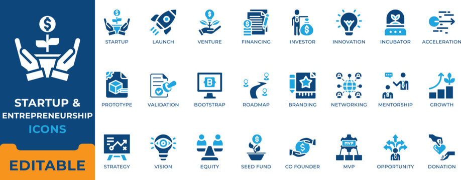 Startup and entrepreneurship icon set. Business launch, seed funding, venture capital, investor, MVP, business strategy, innovation and networking vector symbols.