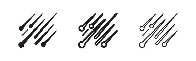 Set of shooting star icons: solid black, outline thick, outline thin © liubomir118809