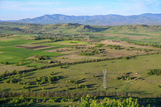 Fertile plains and agricultural land. Land for cultivation and production of vegetables. Fields and pastures in Kumanovo, North Macedonia.