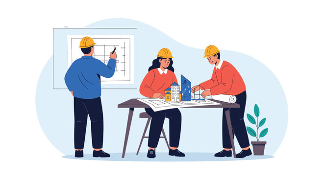 Group of professional architects working on a building project with blueprints, models, and sketches in a bright office space.
