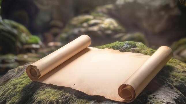 Ancient parchment scroll resting on mossy rock in forest cave. Blank paper roll for message or historical document concept.