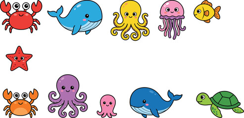 Cute cartoon sea animals set including crab whale octopus jellyfish turtle and fish for kids illustration © MostMeskatun