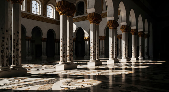 Grand architectural interior showcasing majestic rows of classic marble columns with ornate Corinthian capitals as golden sunlight streams through tall windows creating dramatic shadows.