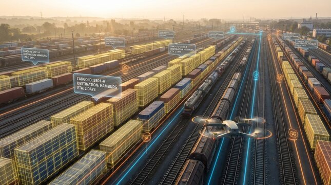 Aerial View of Freight Train Yard with Digital Overlay for Mapping and Geofencing