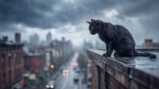 Stray black cat sitting on rooftop edge during rain. Feline looking down at busy city street from high building top.