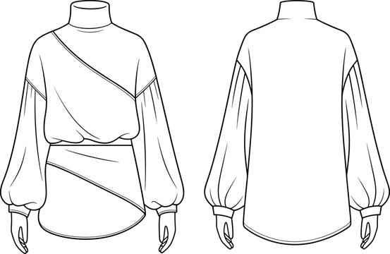 Art & IllusWomen Asymmetrical Mock Neck Bishop Sleeve Blouse Technical Fashion Illustration Flat Sketch Template Front and Back View for Apparel Design and CAD Tech Packtration