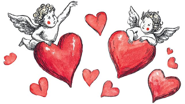 Watercolor cupid cherubs with red hearts on white background for Valentines Day romantic illustration