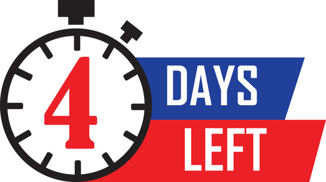Four days left countdown badge flat icon. Featuring stopwatch timer symbol with promotional deadline reminder banner for limited time offer sale event. Marketing campaign vector illustration.