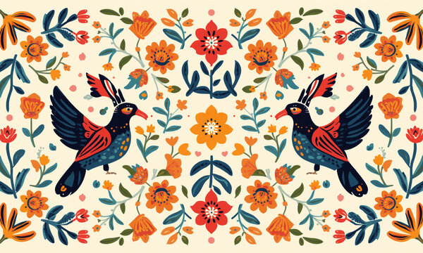 Symmetrical Folk Art Floral Pattern with Vibrant Birds and Orange Flowers