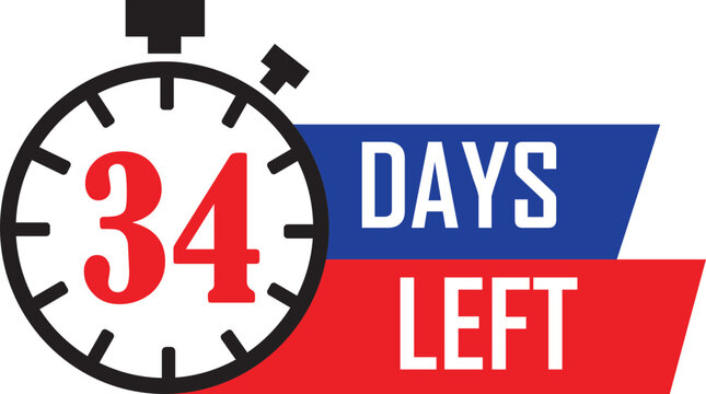Thirty four days left countdown badge flat icon. Featuring stopwatch timer symbol with promotional deadline reminder banner for limited time offer sale event. Marketing campaign vector illustration.