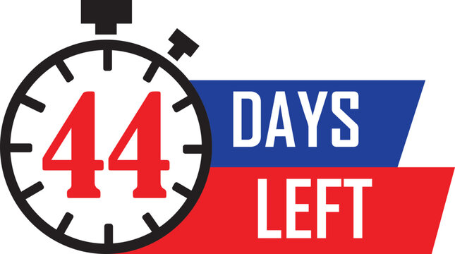 Forty four days left countdown badge flat icon. Featuring stopwatch timer symbol with promotional deadline reminder banner for limited time offer sale event. Marketing campaign vector illustration.