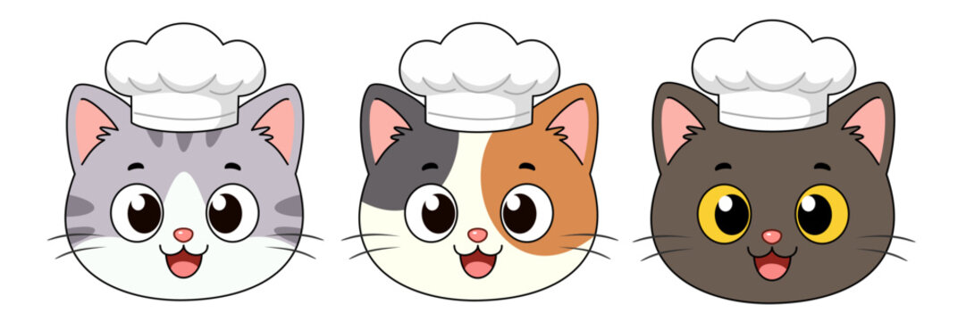 Cute cartoon cat chef face collection vector with different fur colors and chef hats. Adorable mascot set for restaurant branding, menu, cooking, bakery, and cafe design.
