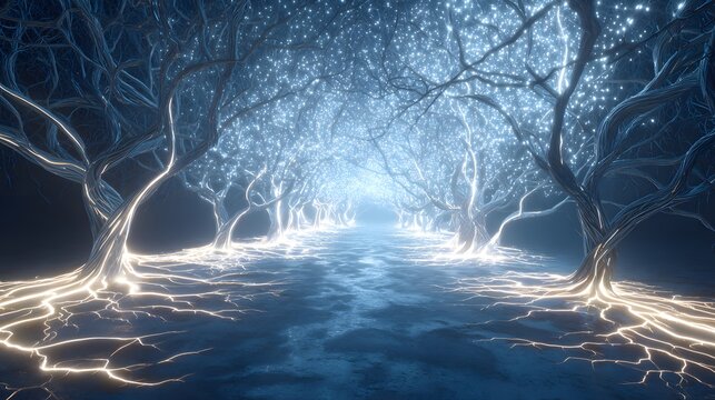 Glowing trees line a mystical pathway under a starry night sky with bright lights