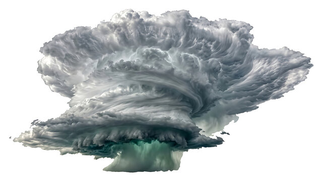 Massive rotating supercell storm cloud isolated on white background representing dramatic atmospheric weather phenomena and power