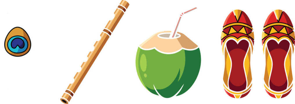 Traditional Indian Culture Icons with Bansuri Flute Coconut and Mojari
