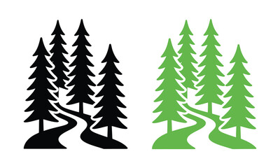 Green and black forest trees illustration with winding path © candysartistry