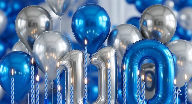 Balloons in blue and silver colors surround the number ten shaped foil balloons and several lit candles on a cake to mark a decade of success in a professional or personal milestone celebration.
