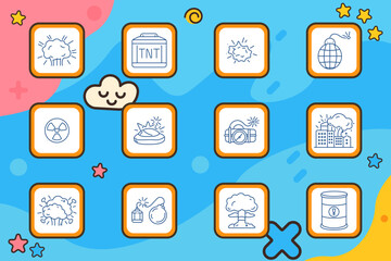 Fototapeta premium Explosion hazard set icon. Line icons depict blast cloud, tnt container, burst impact, timed explosive, radiation symbol, ground explosion, dynamite pack, city blast, shockwave cloud