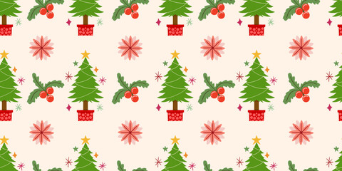 Cute christmas tree and holly berry hand drawn seamless pattern. Christmas tree and botanical elements seamless background © Wahib
