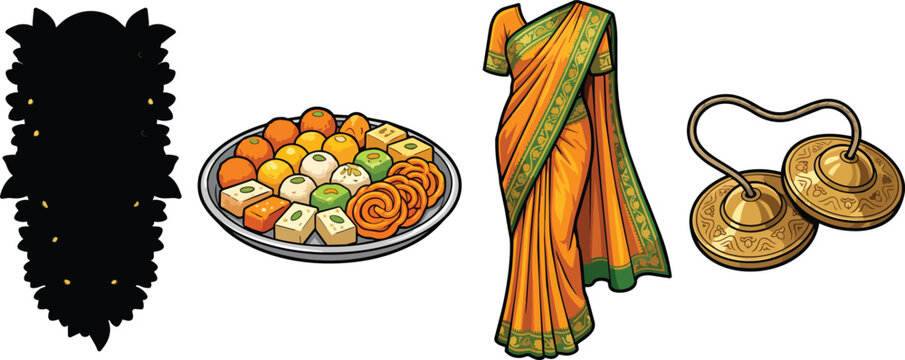 Indian Cultural Vector Icons with Saree Sweets and Musical Cymbals
