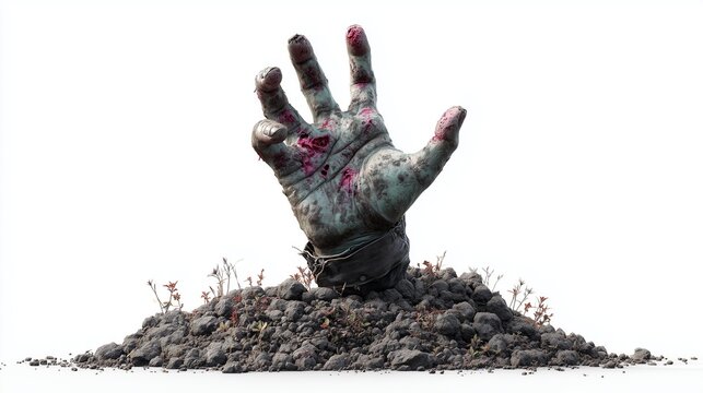 Halloween Zombie Hand Rising from Ground Photorealistic Spooky Horror Graphic White Background

