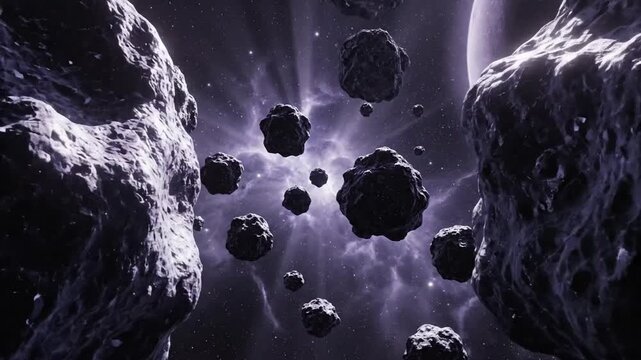 Asteroid belt in outer space with numerous large and small space rocks surrounded by cosmic clouds and distant stars