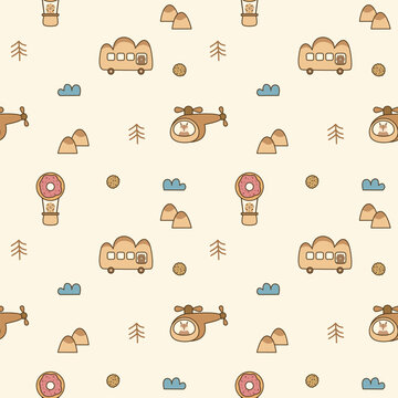 Animal in vehicle bakery cartoon so cute. On bread donut roll cake deer bear lion tree mountain cloud cookie background. Pattern seamless vector illustration. 