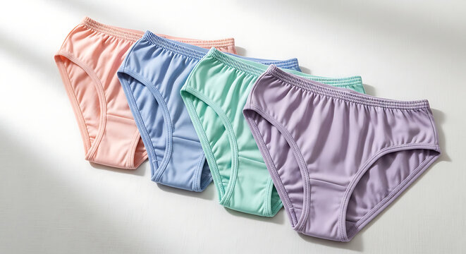 Four feminine cotton panties in soft pastel shades neatly arranged on a clean white surface, showcasing comfortable casual wear essentials and minimalist lingerie for women.