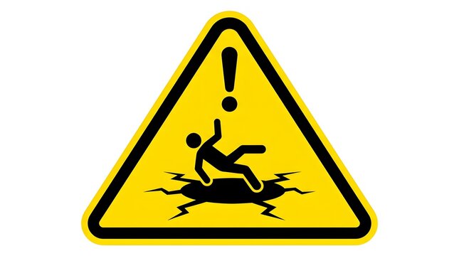 Warning sign of a person falling through a cracked surface.