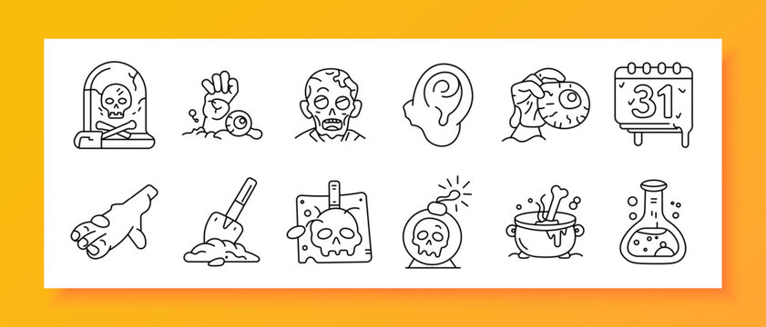 Halloween horror set icon. Line icons depict skull in dome, zombie hand, undead face, ear, eyeball, calendar, severed hand, shovel, skull trap, bomb, cauldron, potion flask