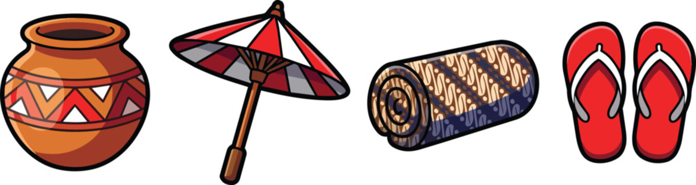 Indonesian Traditional Cultural Elements with Clay Pot and Umbrella