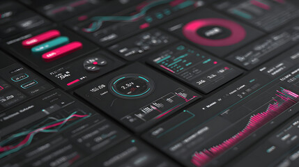 Obraz premium Interactive 3D UI dashboard with data visualization, isolated on transparent background, dark