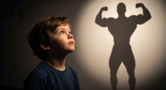 Young boy dreams of becoming a strong bodybuilder with a muscular shadow.