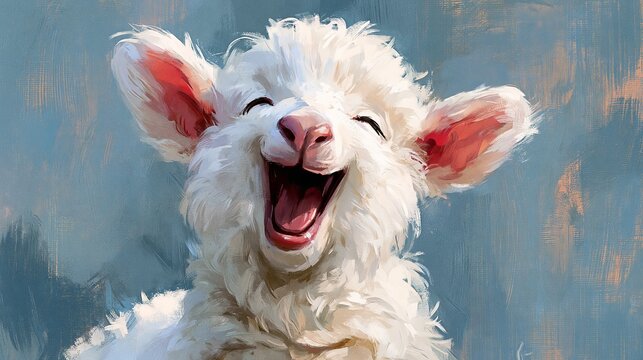 A joyful white lamb with a happy expression on its face in a colorful painting