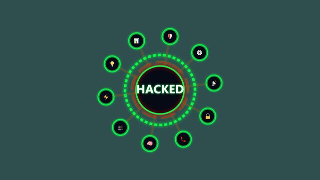 Hacked system interface with digital icons and security breach alert on dark display