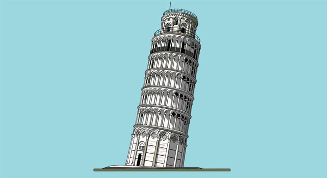 Iconic Leaning Tower of Pisa in Italy with its characteristic tilt shown against a clear blue sky background.
