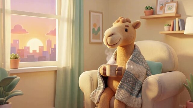 Happy Hump Day Camel Relaxing Indoors With a Cozy Cup and Warm Smile