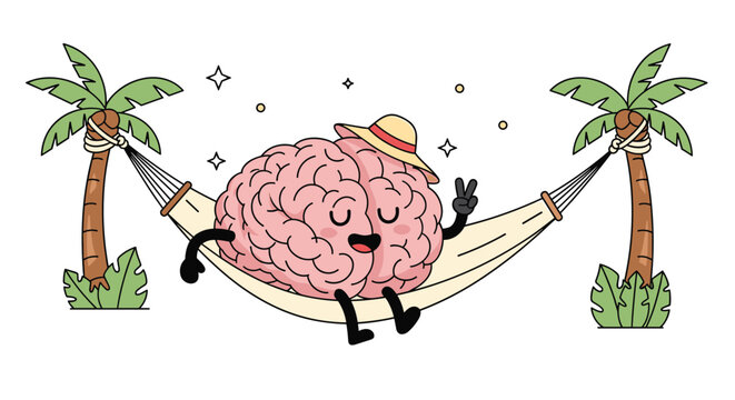 Relaxed cartoon brain character wearing a sun hat and lying in a comfortable hammock strung between two palm trees on a tropical beach.