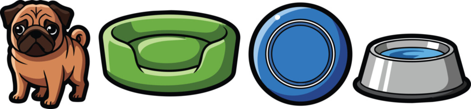 Cute Pug Dog Mascot with Green Bed Blue Frisbee and Water Bowl