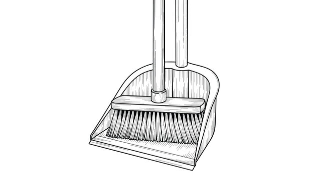 Detailed black and white sketch of a household broom and a matching dustpan set for common cleaning and home maintenance tasks on white.