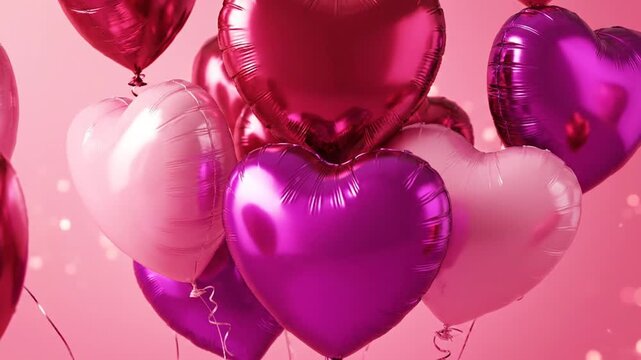 Heart shaped balloons floating against a soft pink backdrop for celebrations