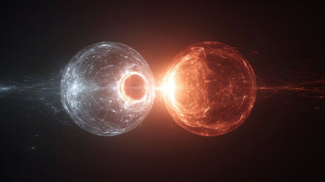 Two glowing celestial bodies colliding in space with bright light