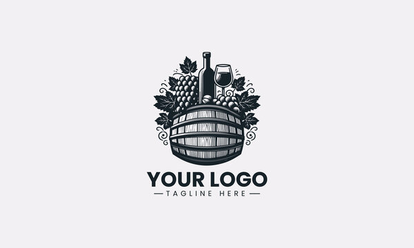 A wine barrel with bottle and grapes is illustrated in minimalist black vector logo design